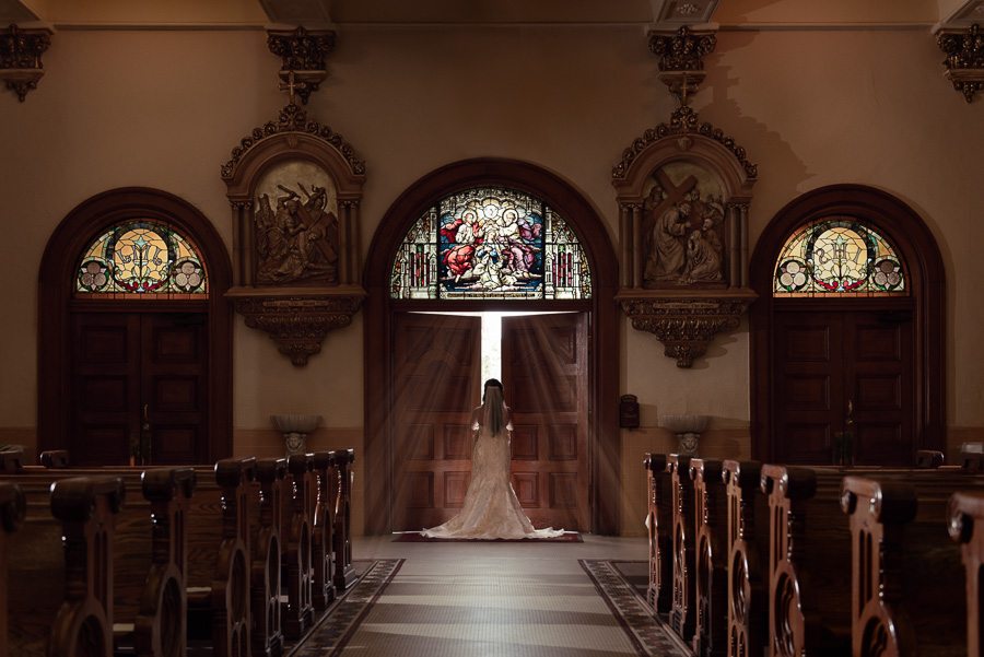 Creative Bridal Portrait at Downtown Tampa Wedding Ceremony Venue Sacred Heart Catholic Church