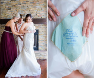 Bride Getting Ready Portrait in Strapless Ines Di Santo A Line Wedding Dress, Bridesmaid in Jewel Toned Magenta Belted Strapless Jenny Yoo Dress, with Something Blue Poem on Handkerchief