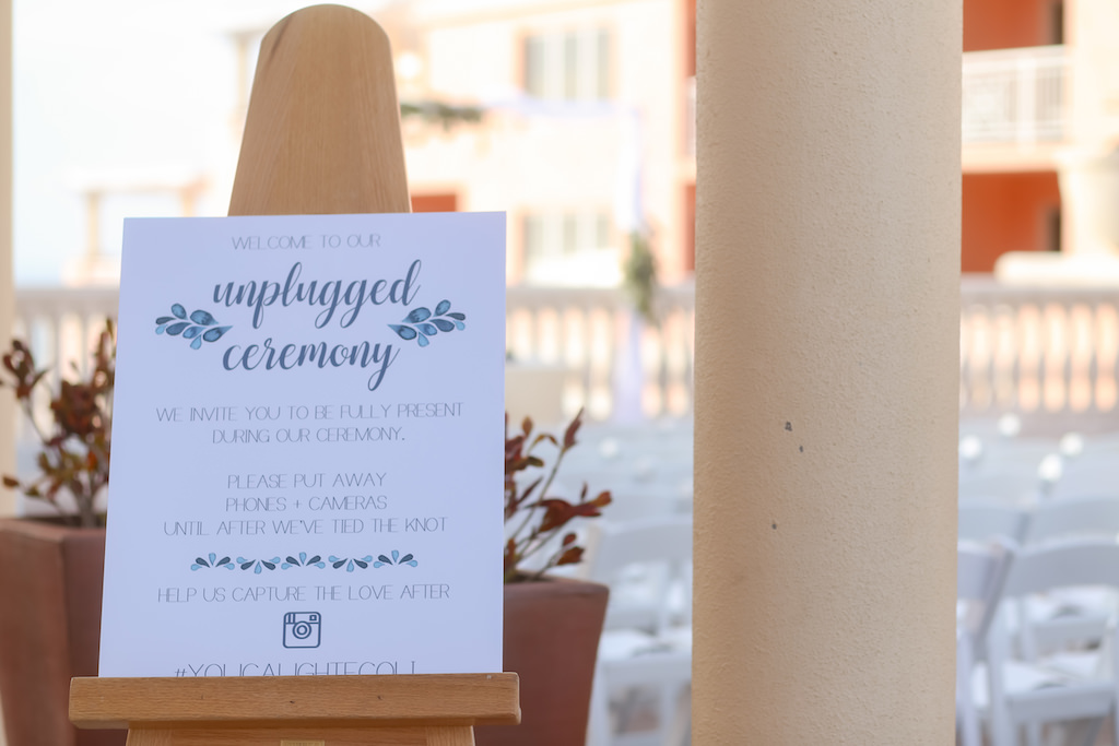 Modern Blue Printed on White Unplugged Wedding Ceremony Welcome Sign with Instagram Hashtag