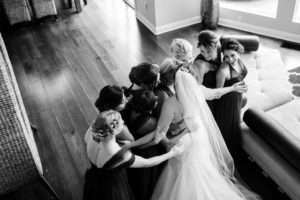 Bridal Party Indoor Black and White Getting Ready Portrait in Mismatched Long Jenny Yoo Dresses