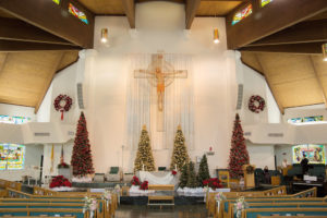 Church Wedding Ceremony with Pink Peony and Greenery With White Ribbon Florals, Christmas Decor | Sarasota Wedding Venue Saint Patrick's Catholic Church
