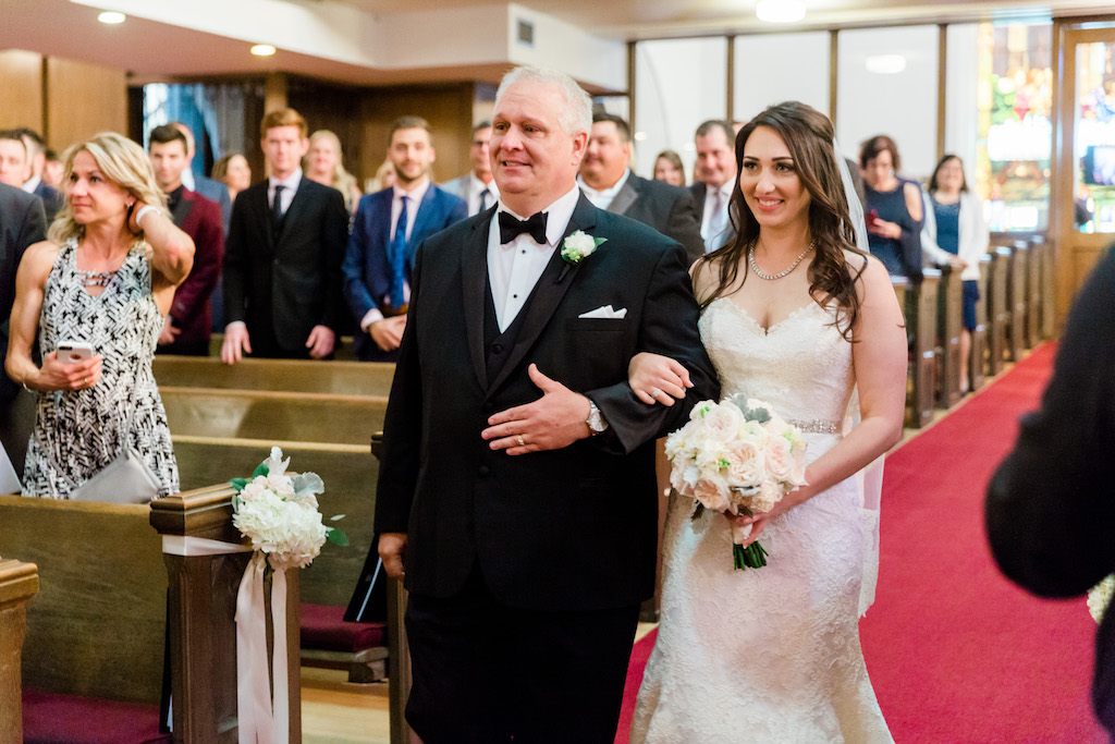 Bride Walking Down the Aisle Ceremony Portrait, with White Rose Bouquet | St Petersburg Venue First United Methodist Church | Tampa Bay Florist Cotton and Magnolia