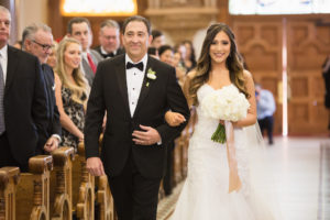 Wedding Ceremony Portrait, Bride in Lace Martina Liana Dress, Father of the Bride in Black Suit with White Floral Boutonniere, with White Rose Bouquet with Blush Pink Ribbon | Tampa Bay Venue Sacred Heart Catholic Church