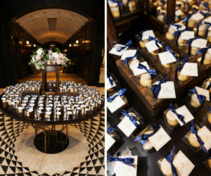 Wedding Reception Welcome Table with Macaroon Favors in Clear Boxes with Blue Ribbon and Square Cards with Gold Printed Script