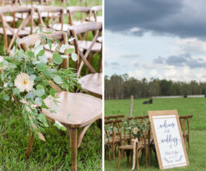 OUtdoor Farm Wedding Ceremony with Wooden Crossback Chairs, White Protea and Greenery Florals, and Wooden and White with Stylish Navy Blue Printed Welcome Sign | Tampa Bay Wedding Planner NK Productions