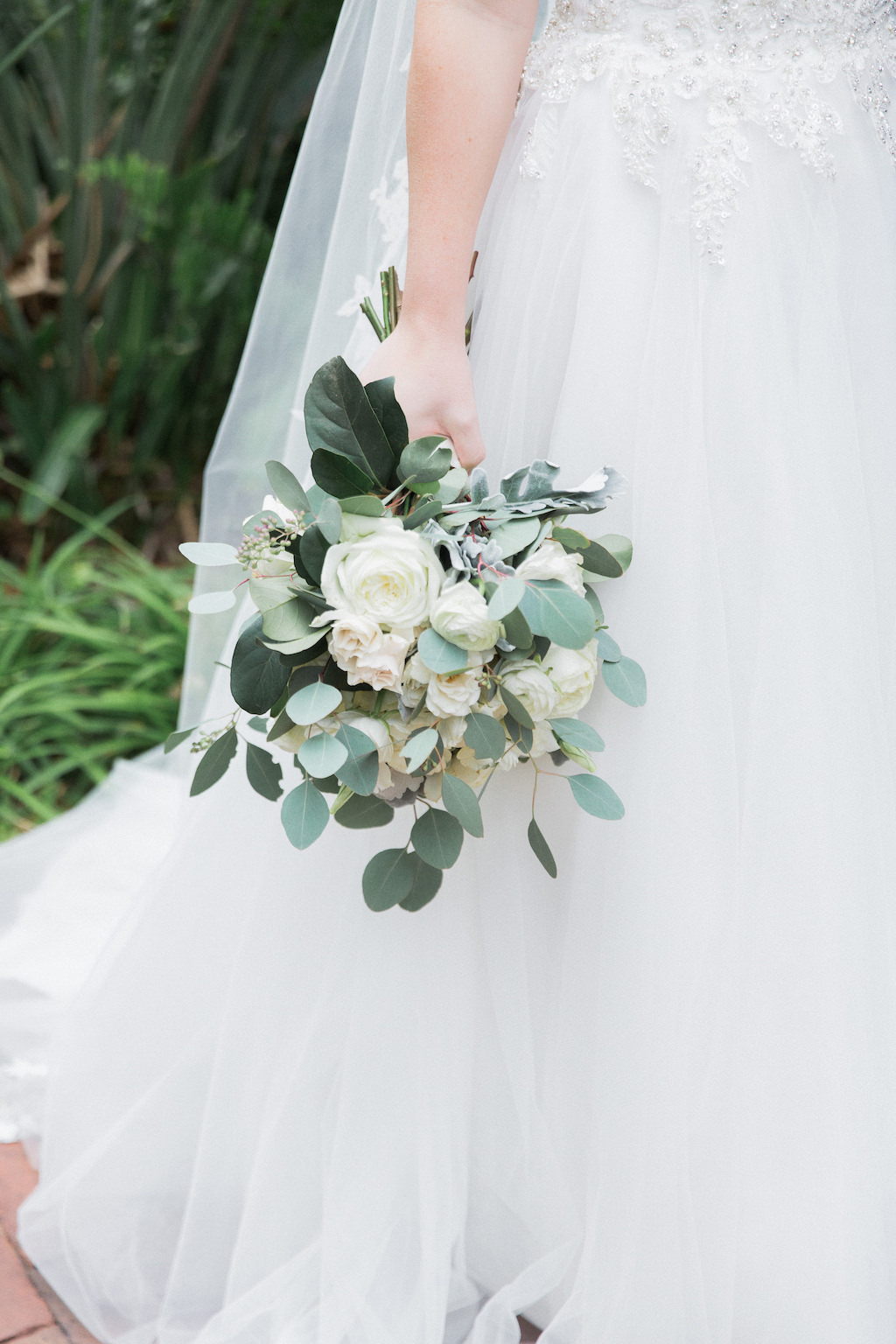Outdoor Bridal Portrait with White Rose and Greenery Bouquet