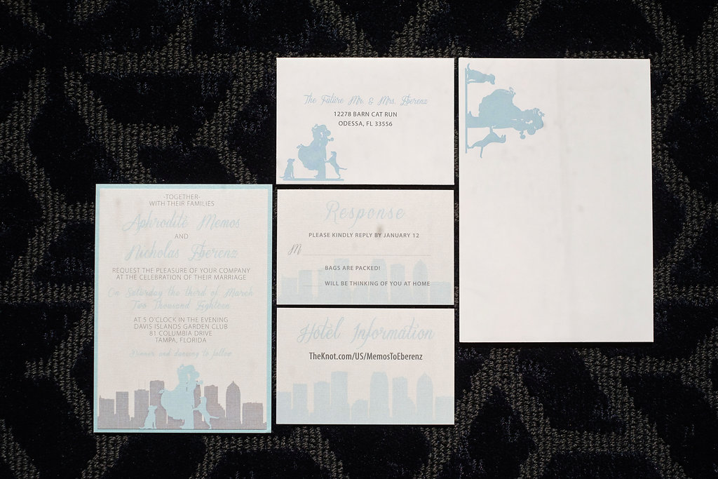 Custom Wedding Invitations and Stationery Designed in Blue and Grey with Cityscape and Dogs
