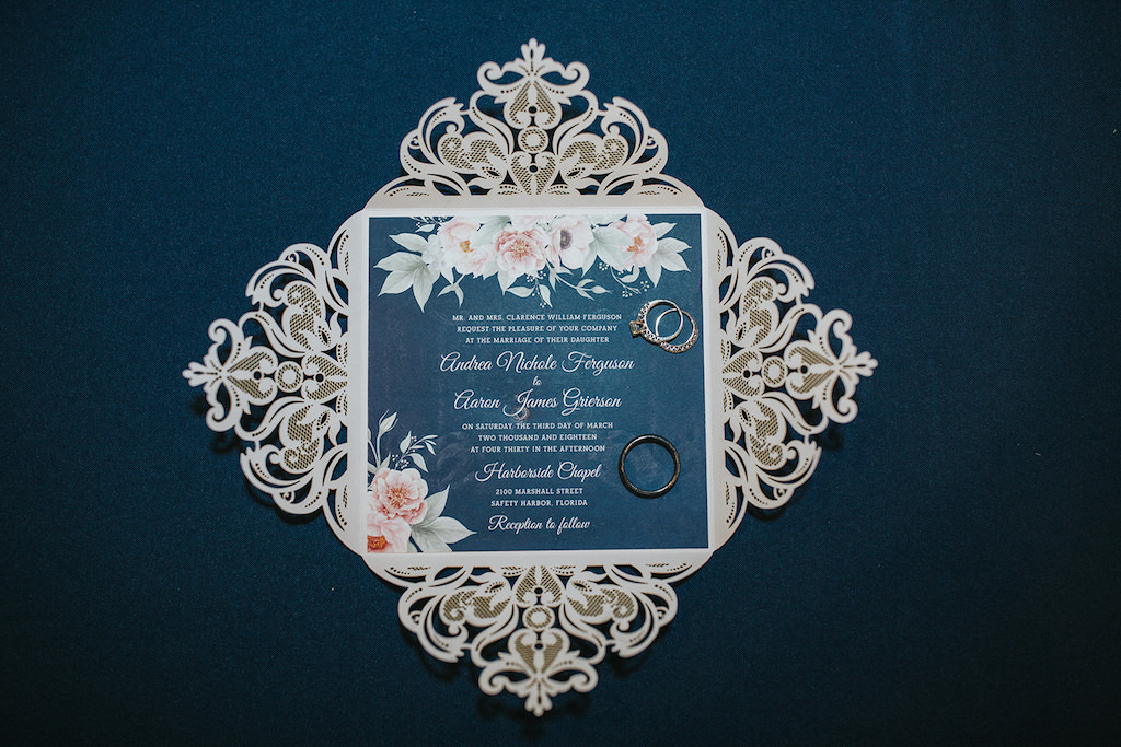 Navy Blue, Silver and Floral Design Custom Wedding Invitation and Wedding Rings