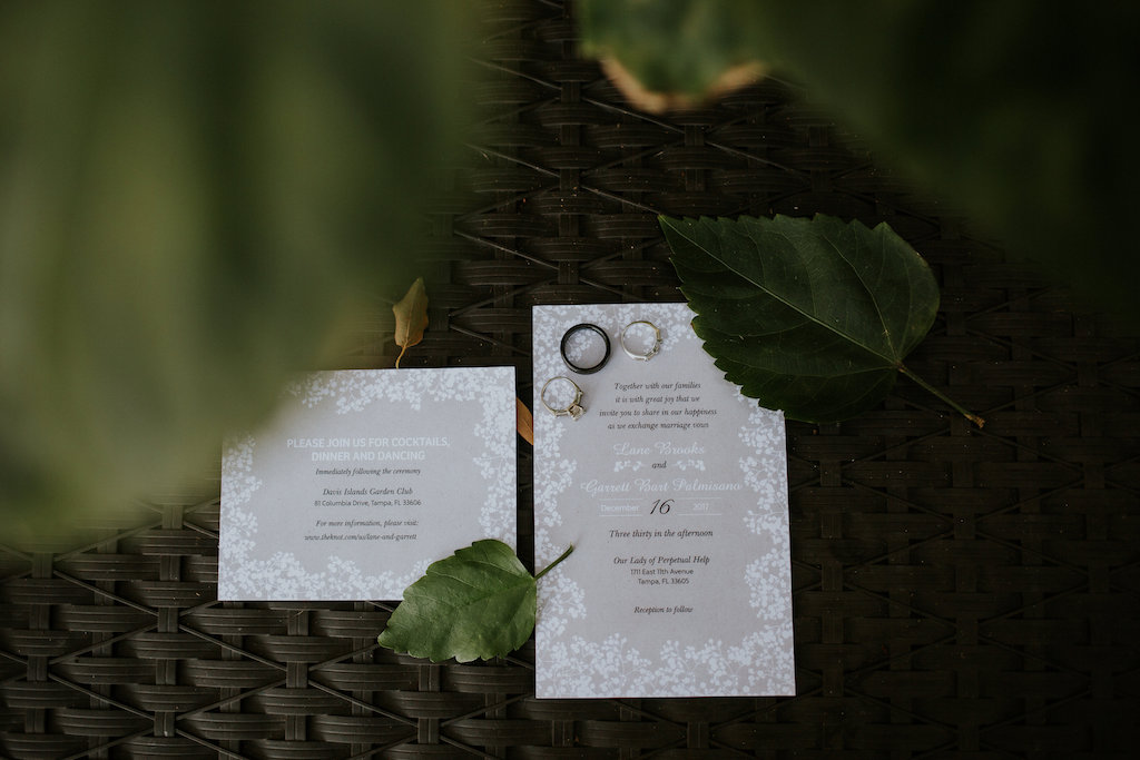 Elegant, Classic Traditional Lace Tan and Ivory Wedding Invitations with White Script Font and Wedding Rings