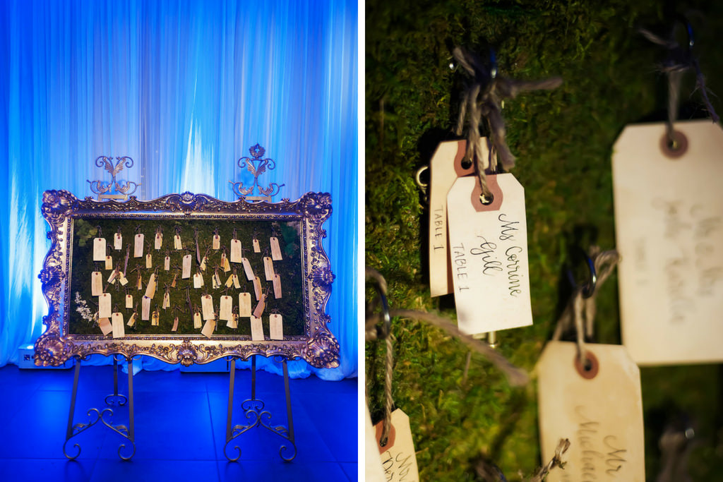 Vintage Picture Frame with Grass/Greenery Background Guest Name Seating Chart on Name Tags in Front of White Curtain with Blue Uplighting