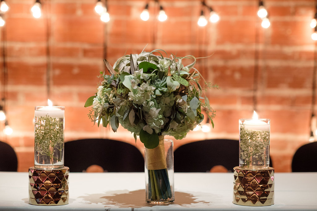 Modern Industrial Wedding Reception Decor, Glass Vase with Greenery Bouquet, Floating candles with Baby's Breathe on Gold Pedestals | Tampa Photographer Marc Edwards Photography