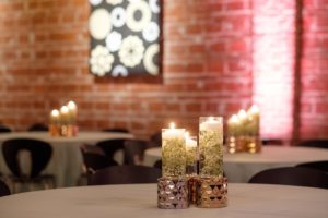 Modern Industrial Wedding Reception Decor, Floating Candles with Baby's Breathe on Gold Pedestals | Tampa Photographer Marc Edwards Photography