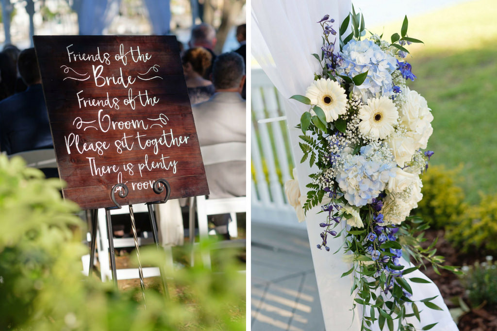 Rustic Outdoor Wedding Ceremony Welcome Sign On Wood and White Daisies, White Roses, Blue Hydrangeas and Florals with Greenery | Tampa Bay Wedding Photographer Marc Edwards Photographs