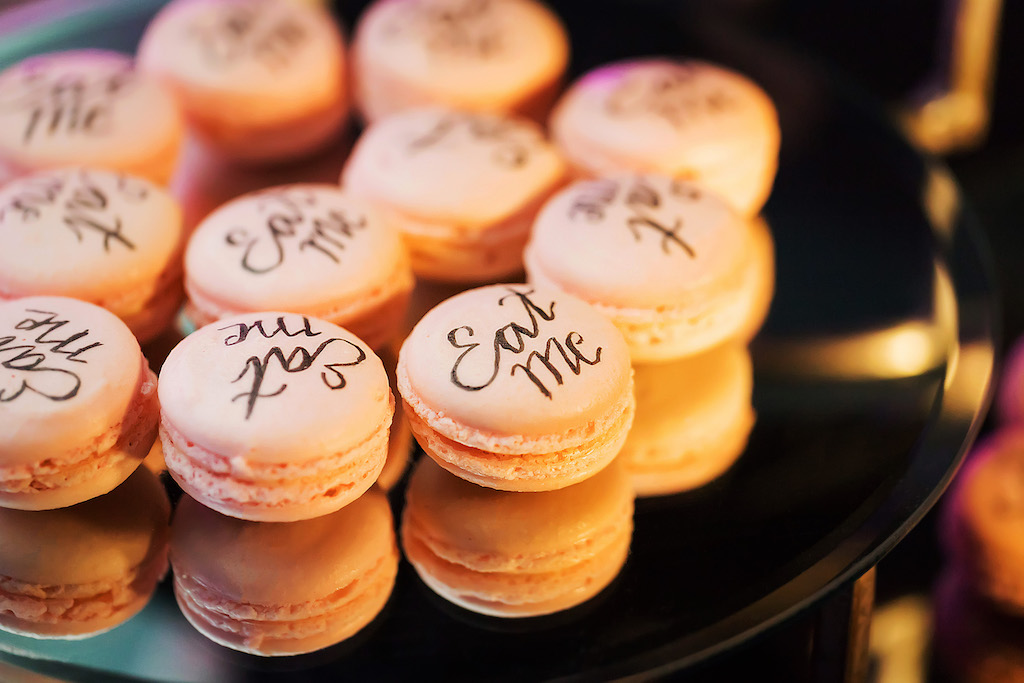 Alice in Wonderland Inspired Blush Pink Macaroons with Eat Me Written on Top