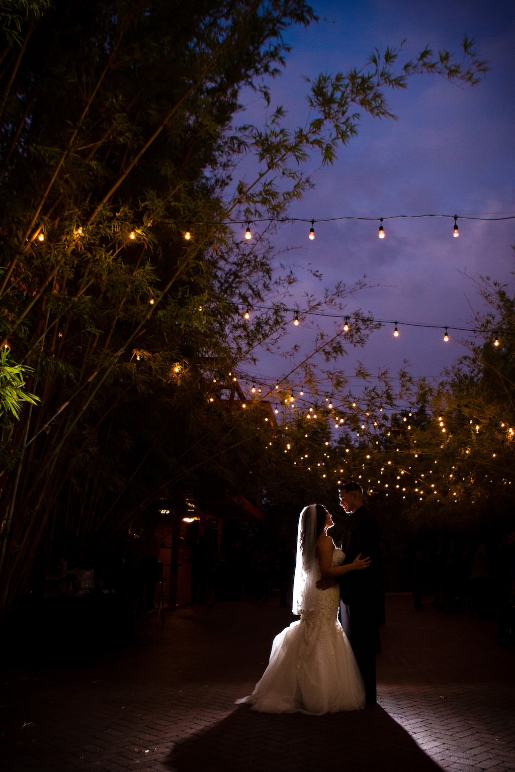 Nighttime, Twilight Bride and Groom Outdoor Wedding Portrait with Hanging Bistro Lights | Downtown St. Pete Wedding Venue NOVA 535