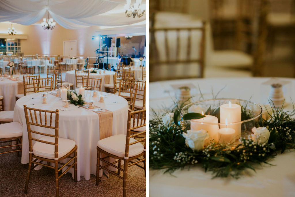 Simple, Elegant Garden Inspired Wedding Reception Centerpiece Decor With White Roses and Greenery, Glass Cylinder with Candles on White Linens and Champagne Table Runner | Tampa Bay Wedding Venue Davis Islands Garden Club
