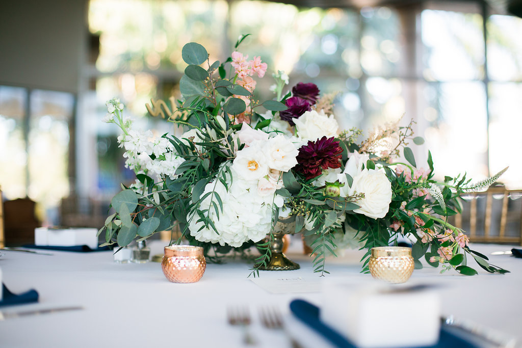 Blush, White, Burgundy, and Greenery Organic Low Gold Vintage Vase Wedding Centerpieces with Gold Candles | Naples Wedding Photographer Kera Photography
