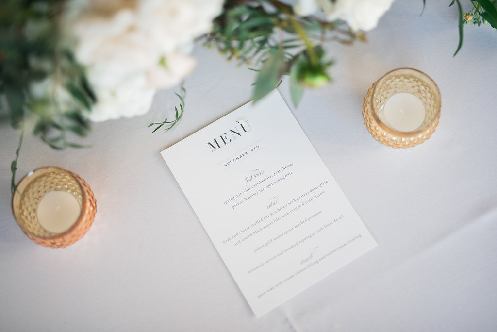 Simple White Menu with Dark Blue Printed Script and Gold Candle Votives | Naples Wedding Photographer Kera Photography