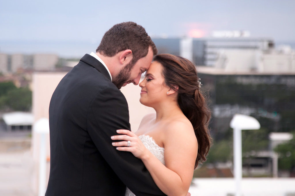 Outdoor Rooftop Wedding Portrait, Bride in Strapless Dress | Tampa Bay Wedding Photographer Carrie Wildes Photography | South Tampa Venue Centre Club