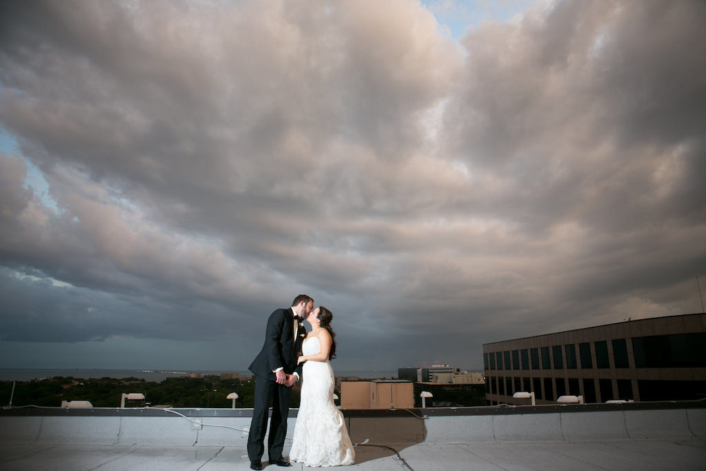 Outdoor Rooftop Wedding Portrait, Bride in Strapless Mermaid Augusta Jones Dress | Tampa Bay Wedding Photographer Carrie Wildes Photography | South Tampa Venue Centre Club
