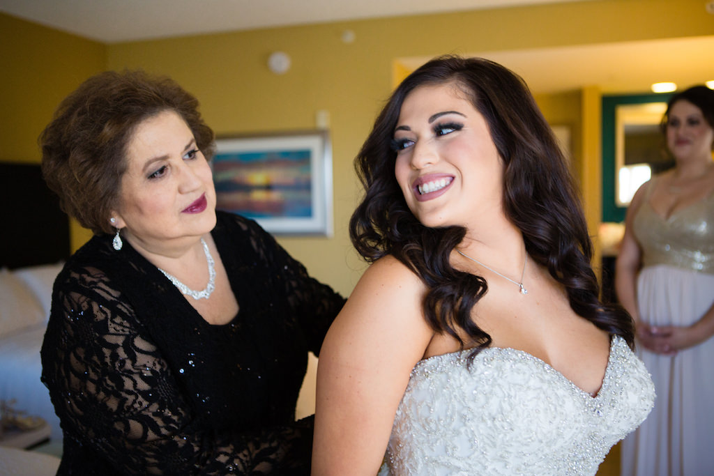 Bride Getting Ready Portrait in Silver Beaded Strapless Sweetheart Wedding Dress and Mother of the Bride | Tampa Bay Wedding Hair and Makeup Artist Femme Akoi