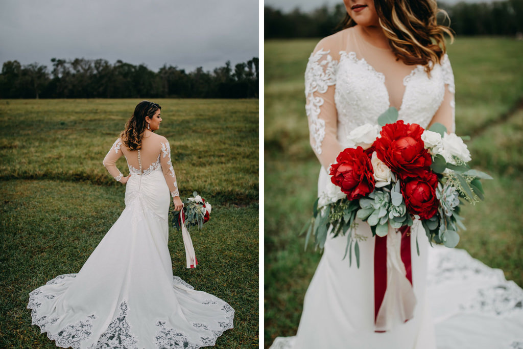 Outdoor Bride Wedding Portrait, Bride in White Long Sleeve Lace David's Bridal Wedding Dress, and Red Peonies, White Roses and Greenery Bouquet with Red and White Ribbon | Tampa Bay Wedding Photographer Rad Red Creative | Lithia Wedding Rustic Venue Southern Grace
