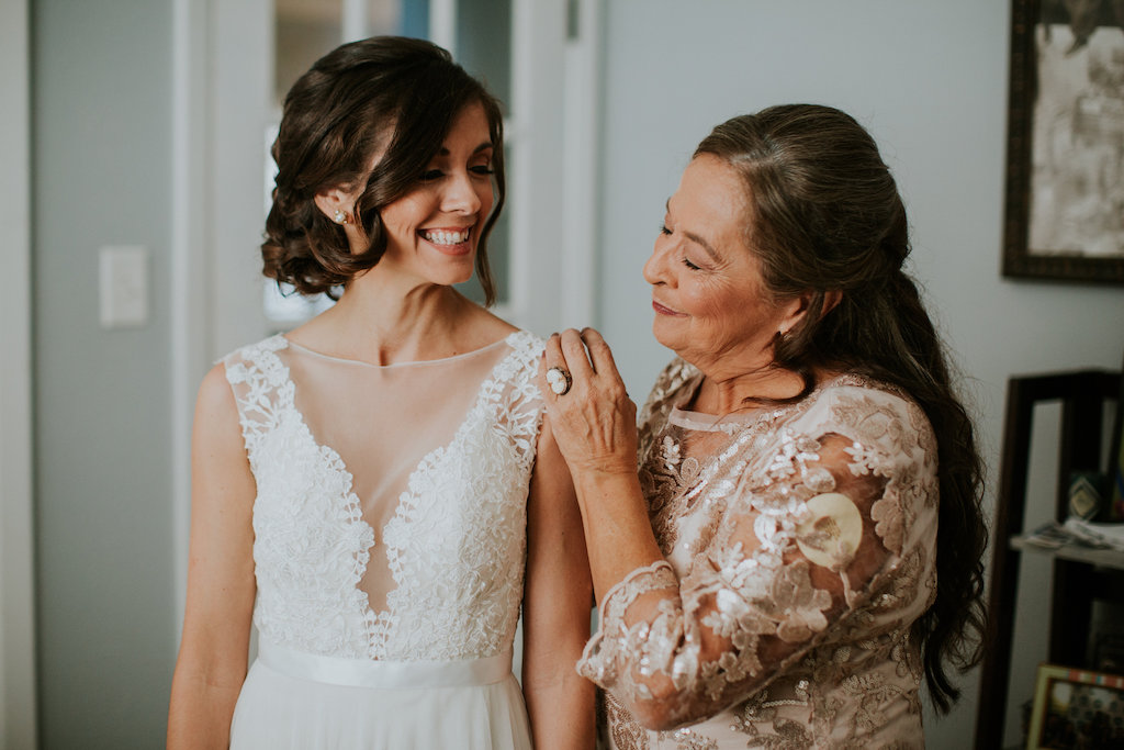 Bride Getting Ready Portrait, Boho Lace V-Neck Illusion A-Line Wtoo Wedding Dress and Hair Curled Pulled Up in Bun with Mother of the Bride