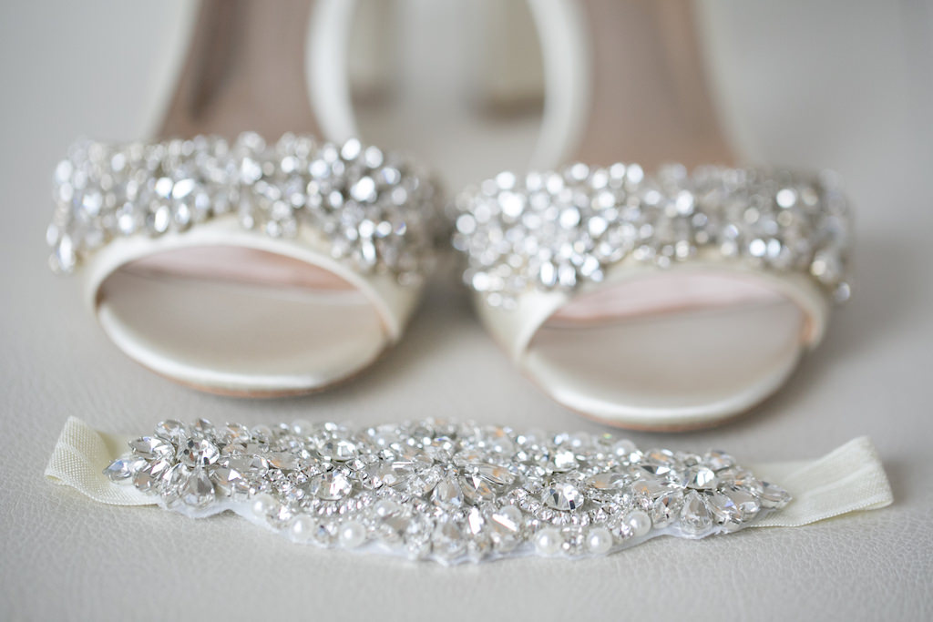 Rhinestone Garter and Jeweled Open Toe Wedding Shoes