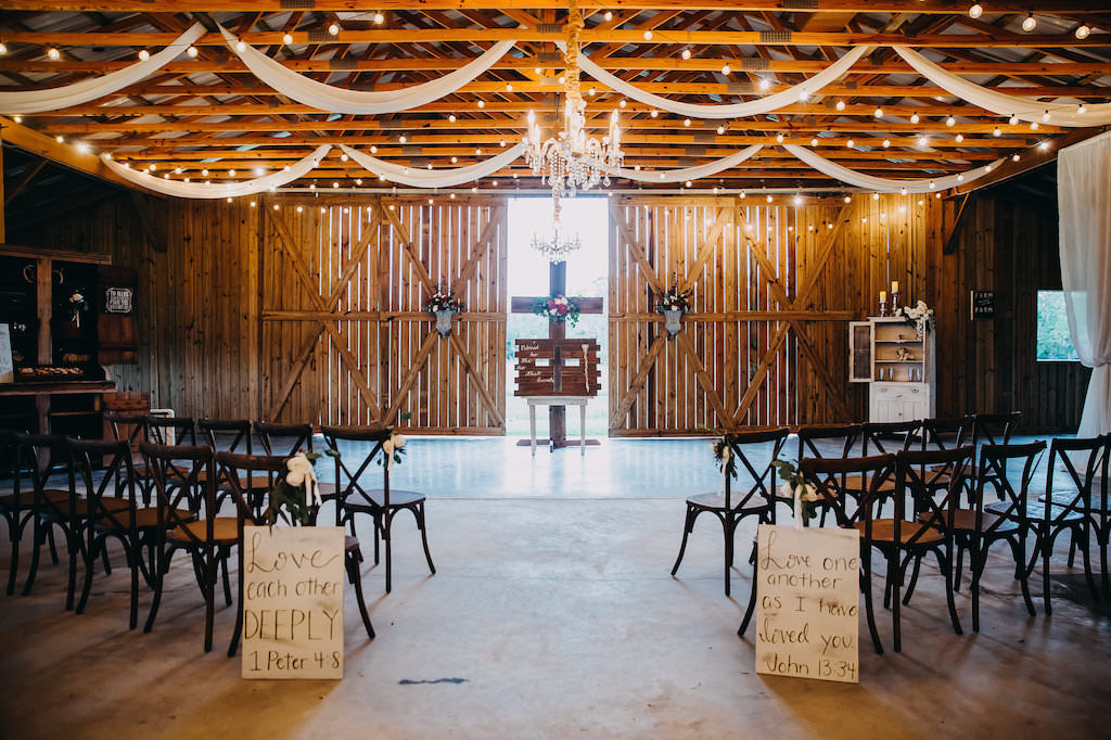 Elegant Romantic Barn Wedding Ceremony Decor With String