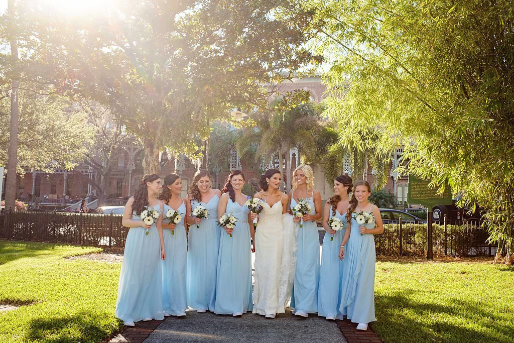 Bridal Party Bridesmaids Wearing Light Blue A-Line Spaghetti Strap David's Bridal Dresses Holding White Flower and Greenery Bouquets and Bride in White Lace and Spaghetti Strap Wedding Dress Holding White and Blue Flowers with Greenery Bouquet | Tampa Bay Photographer Marc Edwards Photographs