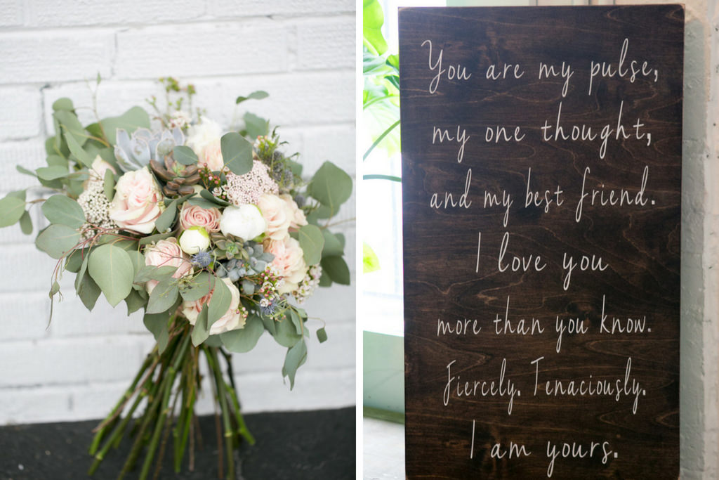 Rustic Wooden Wedding Love Quote Sign with White Calligraphy and Pink Roses, Succulents and Greenery Bouquet | Tampa Bay Wedding Photographer Carrie Wildes Photography