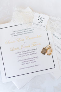 Square Elegant Wedding Invitation with Navy Print and Gold Foil Script