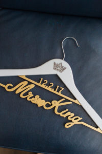 Gold Lasercut, "Mrs" Last Name, Wedding Date and Rhinestone Crown White Wooden Hanger