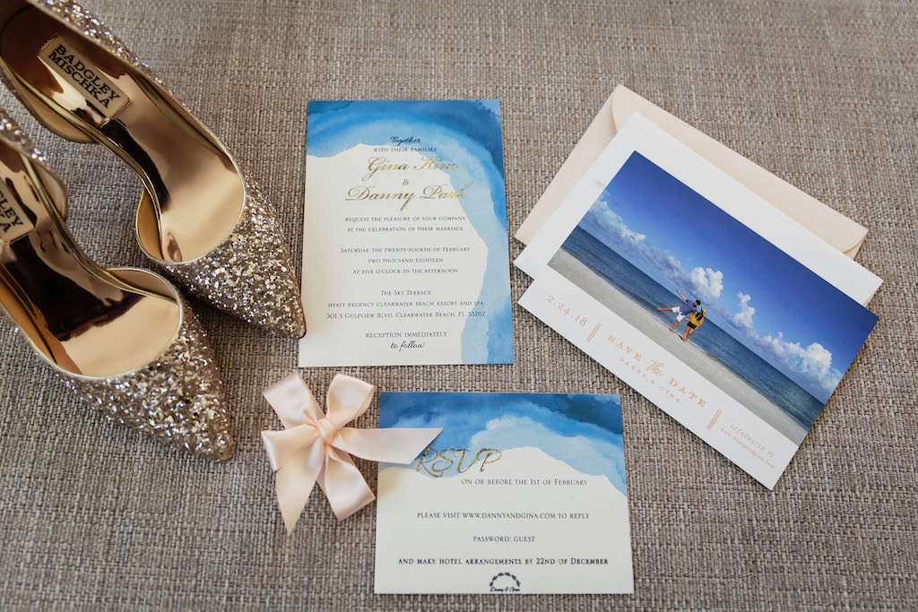 Handmade Beach Themed Blue Watercolor and Gold Foil Wedding Invitation and Save the Date, Gold Sparkle Pointed Toe Badly Mischka Shoes
