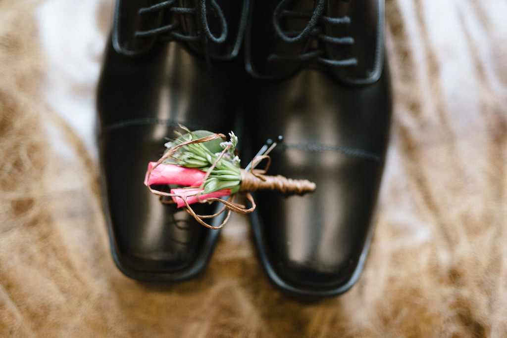 Groom Black Leather Dress Shoes, Pink Flower and Greenery Boutonniere | Naples Wedding Photographer Kera Photography | St Pete Florist Apple Blossoms Floral Designs