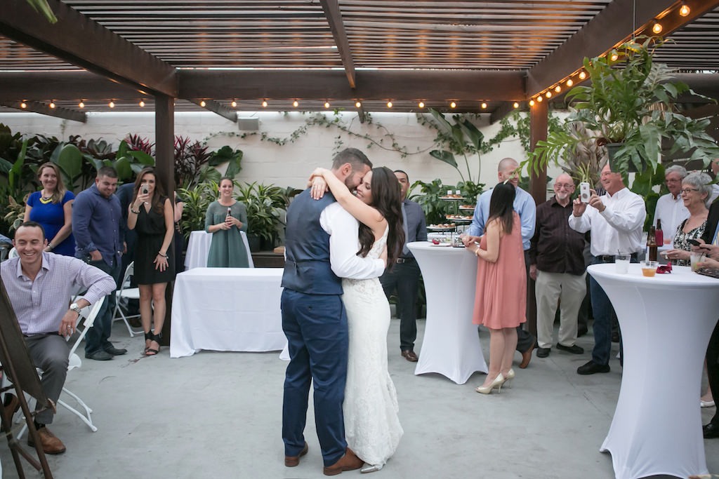 Outdoor Patio Bride and Groom Wedding Portrait Reception Dancing | Tampa Bay Wedding Photographer Carrie Wildes Photography | Downtown Tampa Wedding Venue Fancy Free Nursery
