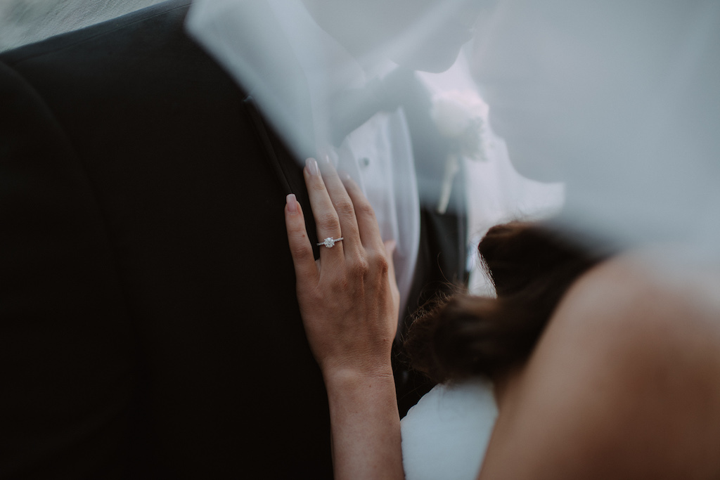 Creative Wedding Portrait under Veil, Bride Showing Diamond Engagement Ring