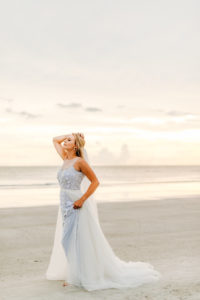 Waterfront, Redington Beach Wedding Bridal Portrait, Bride in Sleeveless Illusion Neckline Floral Overlay and Light Blue Wedding Dress with Tulle Skirt and Veil