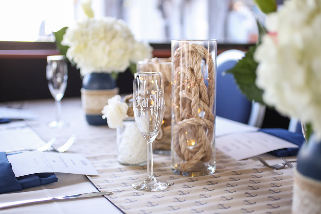 Nautical Inspired Wedding Reception Centerpieces, Glass Cylinder with String Lights and Rope, Blue Painted Mason Jars with Rustic Lace Decor and White Floral Bouquets | Tampa Bay Nautical Wedding Venue Yacht Starship | Tampa Bay Wedding Photographer Lifelong Photography Studios