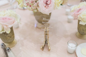 Wedding Reception Custom Clear Menu Display on Gold Stand