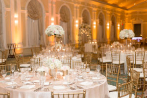 Ballroom Wedding Reception Decor with Round Tables, Gold Chiavari Chairs, Tall and Small White and Blush Pink Floral Centerpieces, Blush Pink Satin Table Linens | St. Petersburg Wedding Venue The Vinoy Renaissance