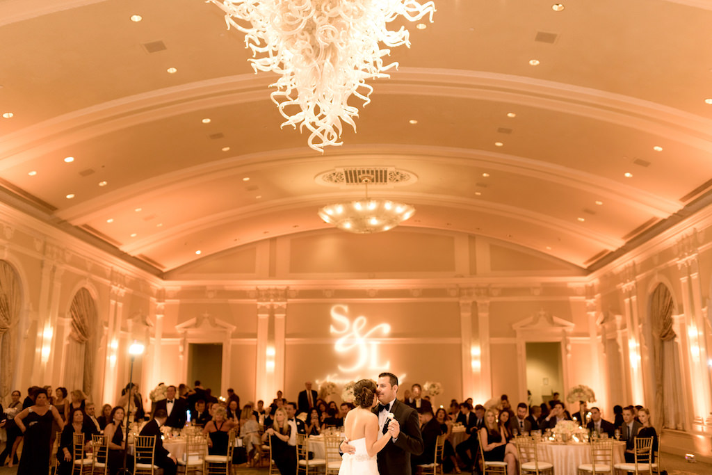 Bride and Groom First Dance Wedding Day Portrait at St. Petersburg Ballroom Wedding Venue Vinoy Renaissance Sunset Ballroom