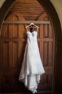 White Strapless Sweetheart A-Line Lace Wedding Dress on Personalized Wooden Hanger