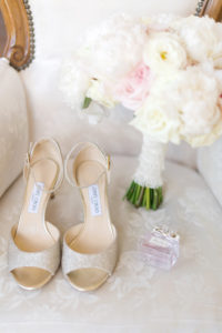 Glitter Champagne Gold Jimmy Choo Open Toe Sandal Wedding Shoes, Blush Pink and Ivory Rose Bouquet and Miss Dior Perfume Bottle