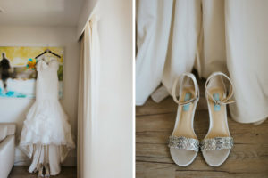 Gold and Rhinestone Peep Toe Wedding Shoes and White Off The Shoulder Mermaid Mikaella Wedding Dress