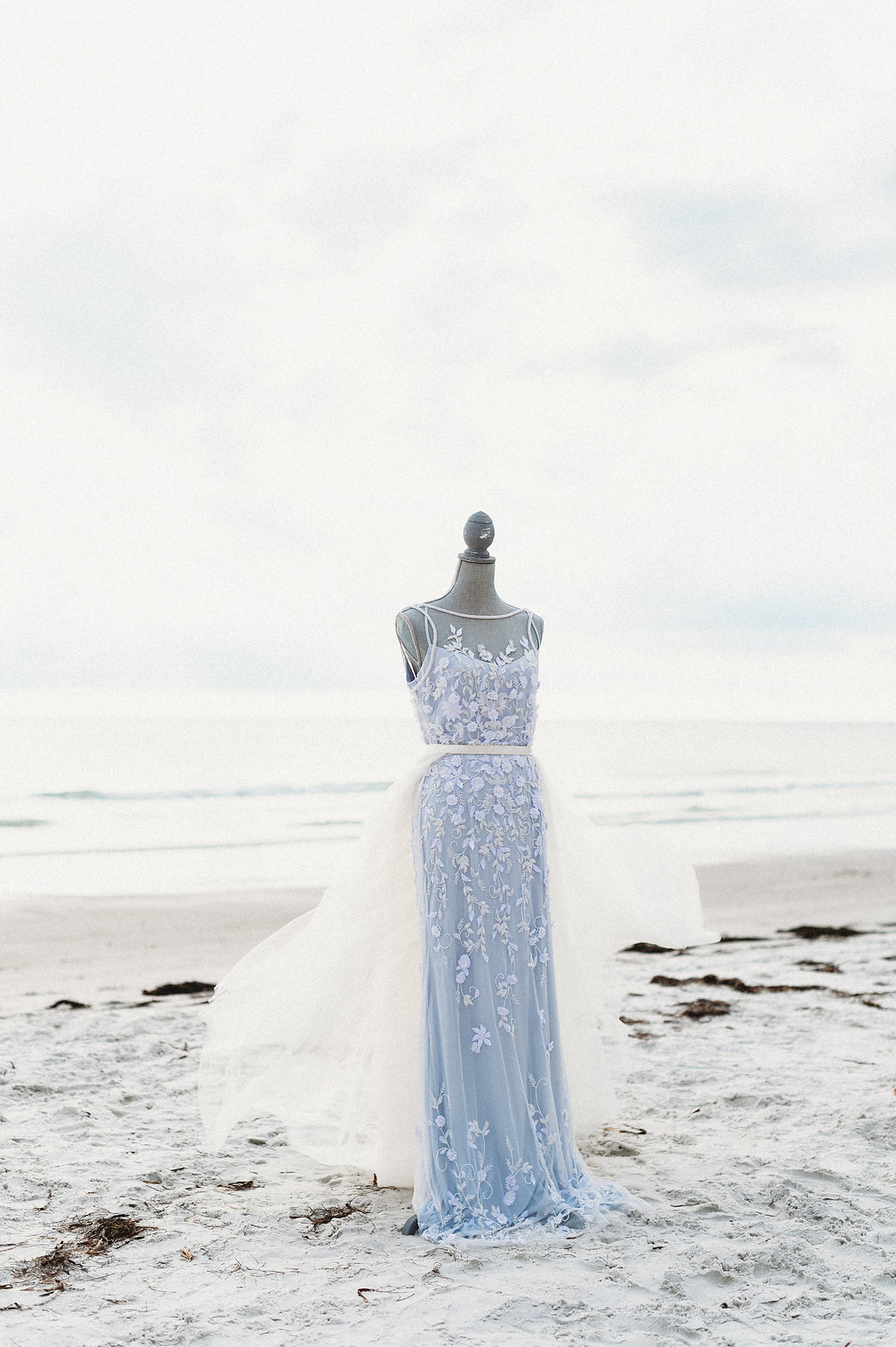 Sleeveless Illusion Neckline Floral Overlay and Light Blue Wedding Dress with Tulle Skirt on | St. Pete Beach Wedding