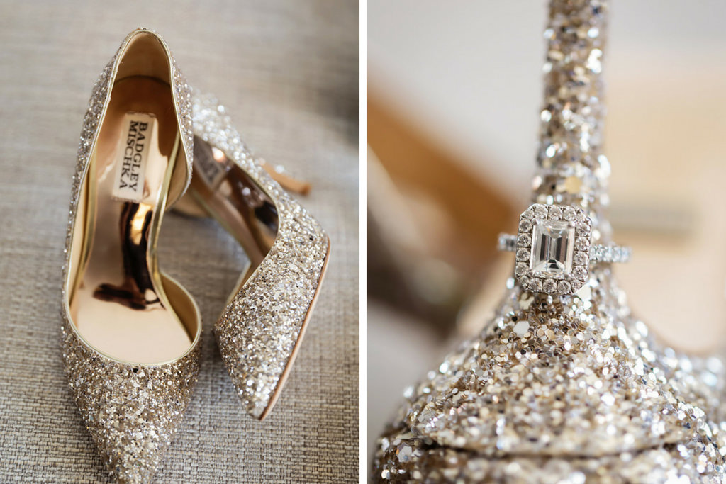 Badgley Mischka Gold Glitter Wedding Shoes and Engagement Ring
