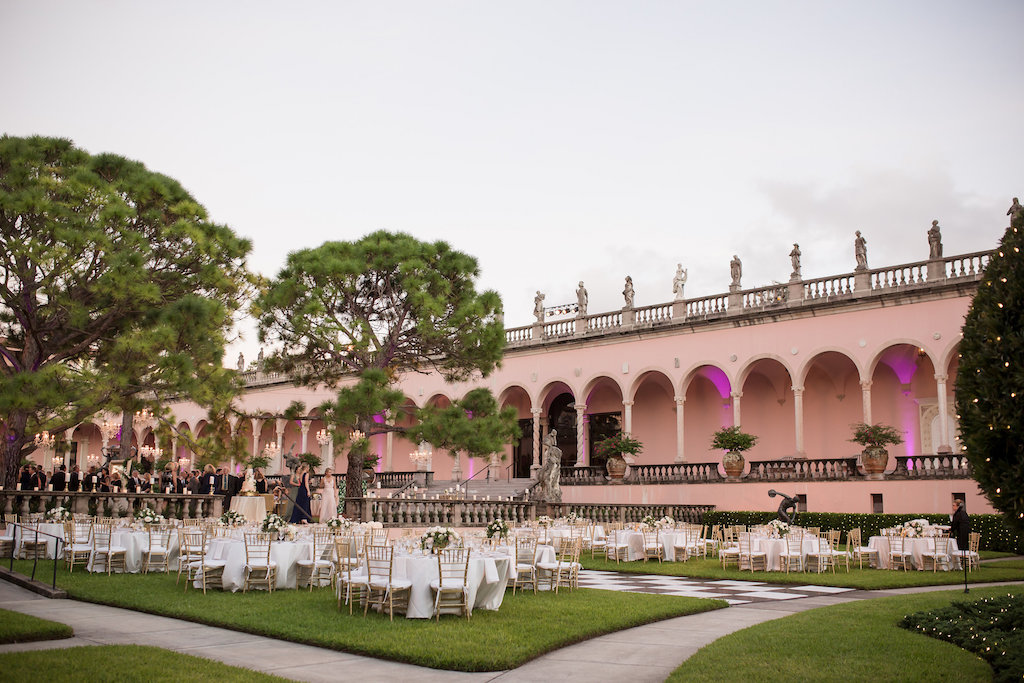Outdoor Elegant Garden Wedding Reception | Historic, Iconic Sarasota Wedding Venue Ringling Museum | Planner NK Productions