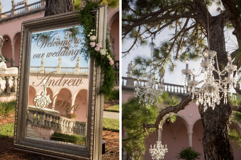 Mirror Wedding Welcome with Calligraphy and Chandeliers Hanging in Trees Wedding Reception Decor