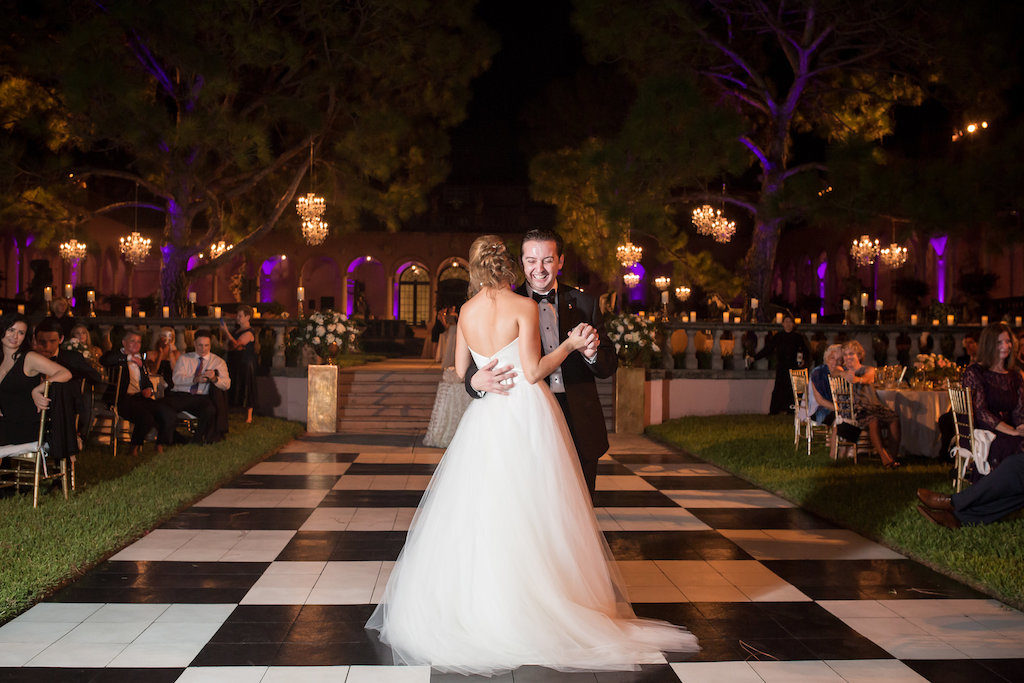 Outdoor Garden Bride and Groom First Dance at Wedding Reception Portrait | Sarasota Wedding Photographer Cat Pennenga Photography | Planner NK Productions | Historic, Iconic Sarasota Wedding Venue Ringling Museum